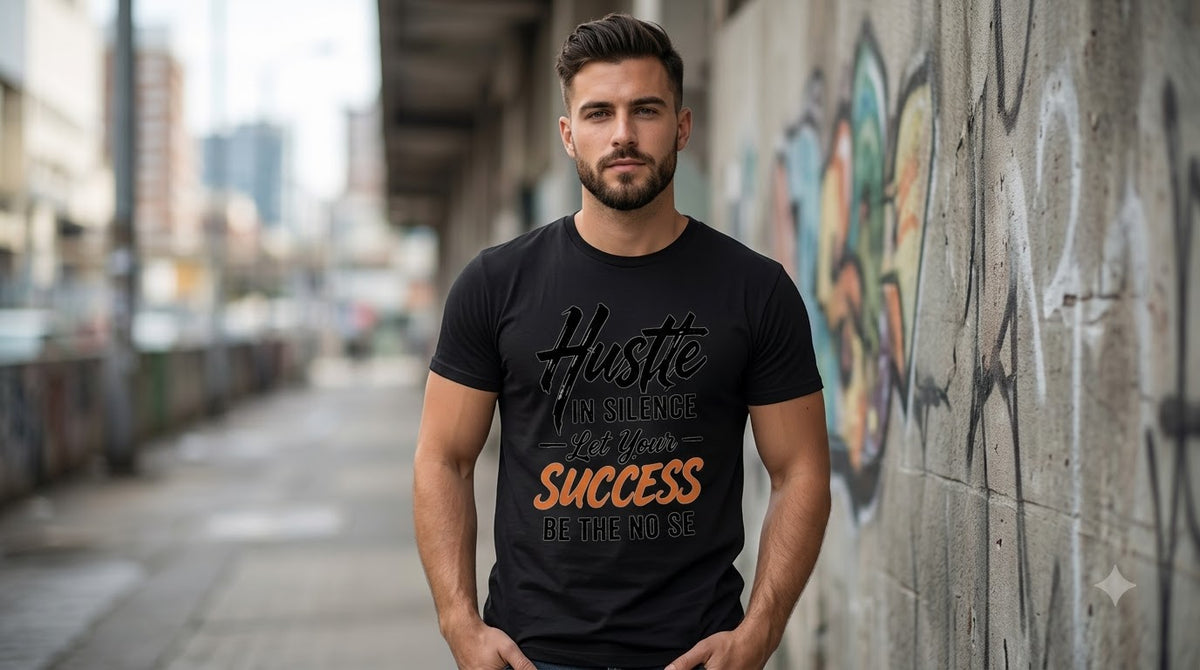 "Hustle in Silence" Motivational Graphic Crew T-Shirt by AuraReiment