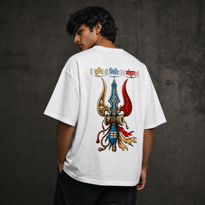 "Srishti Sthiti Samhara" Trishul Graphic Oversized Tee by AuraReiment