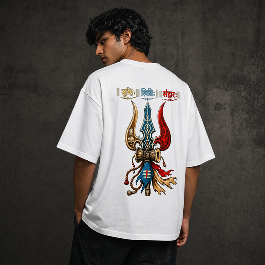 "Srishti Sthiti Samhara" Trishul Graphic Oversized Tee by AuraReiment