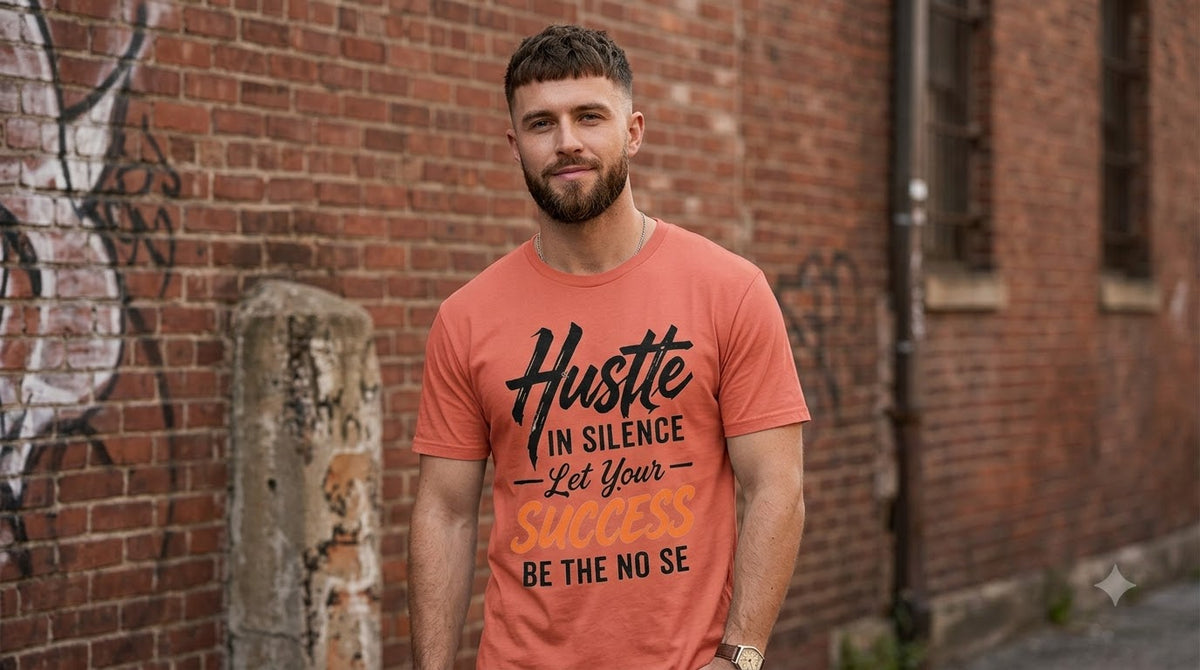 "Hustle in Silence" Motivational Graphic Crew T-Shirt by AuraReiment