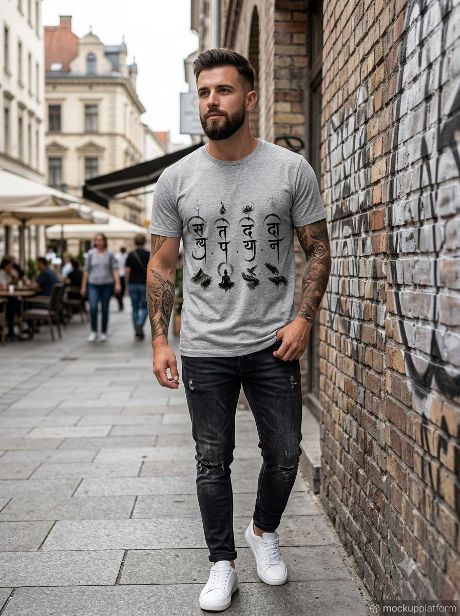 "Four Pillars of Dharma" Sanskrit Graphic Tee – Light Colours