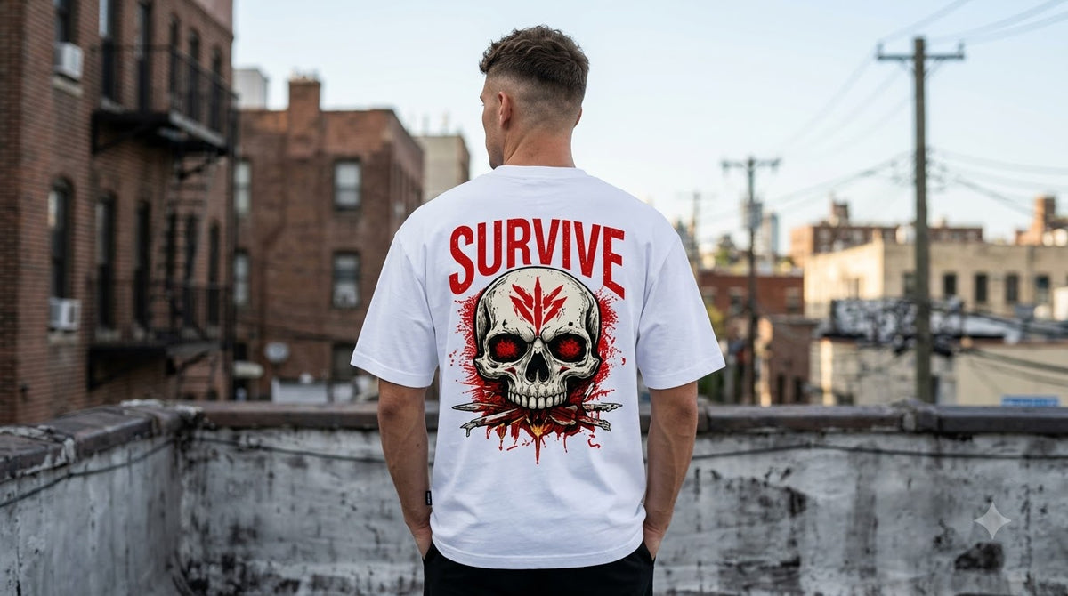 Back view of white Survive Skull Print oversized graphic tee on a model by AuraReiment