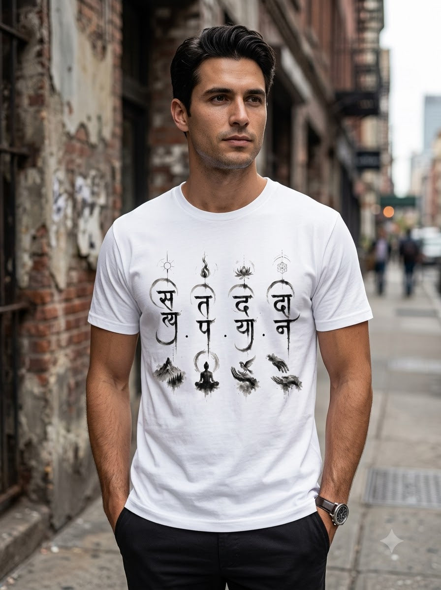 "Four Pillars of Dharma" Sanskrit Graphic Tee – Light Colours