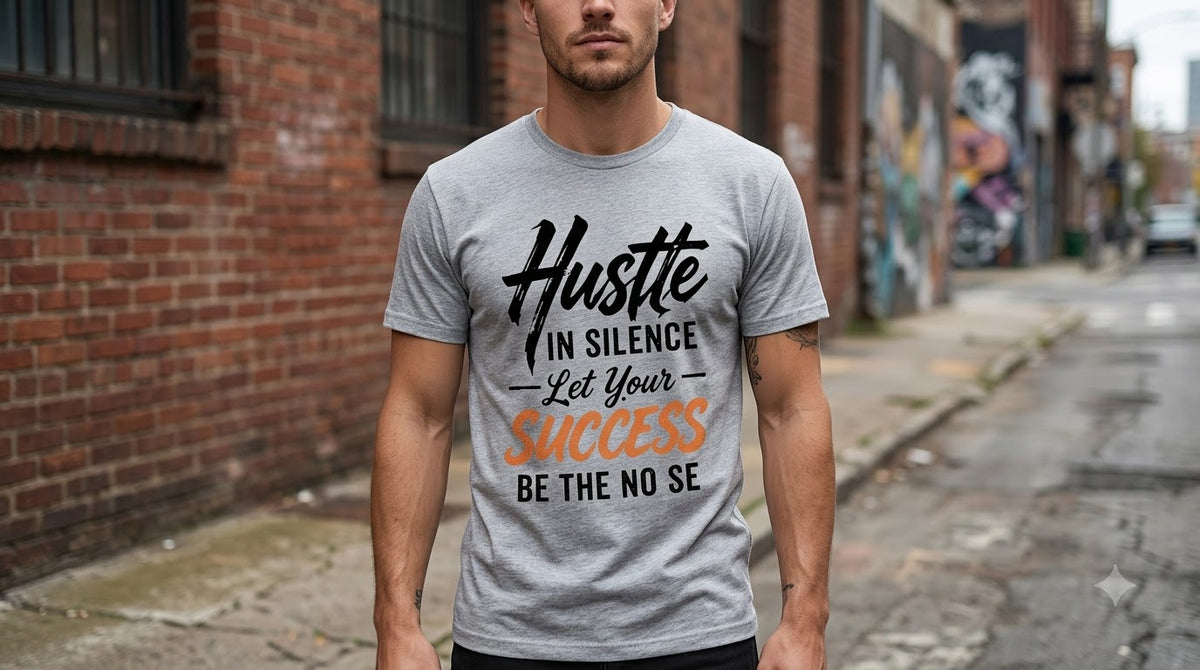 "Hustle in Silence" Motivational Graphic Crew T-Shirt by AuraReiment