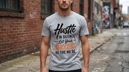 "Hustle in Silence" Motivational Graphic Crew T-Shirt by AuraReiment