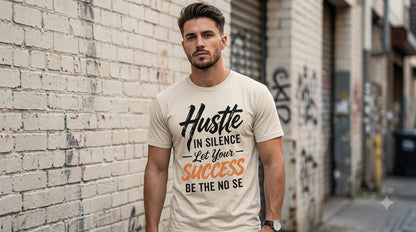 "Hustle in Silence" Motivational Graphic Crew T-Shirt by AuraReiment