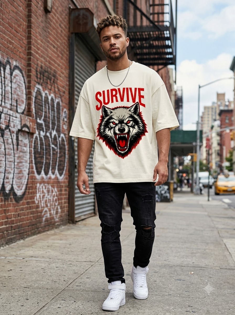 "Survive" Wolf Graphic Oversized Unisex Tee by AuraReiment