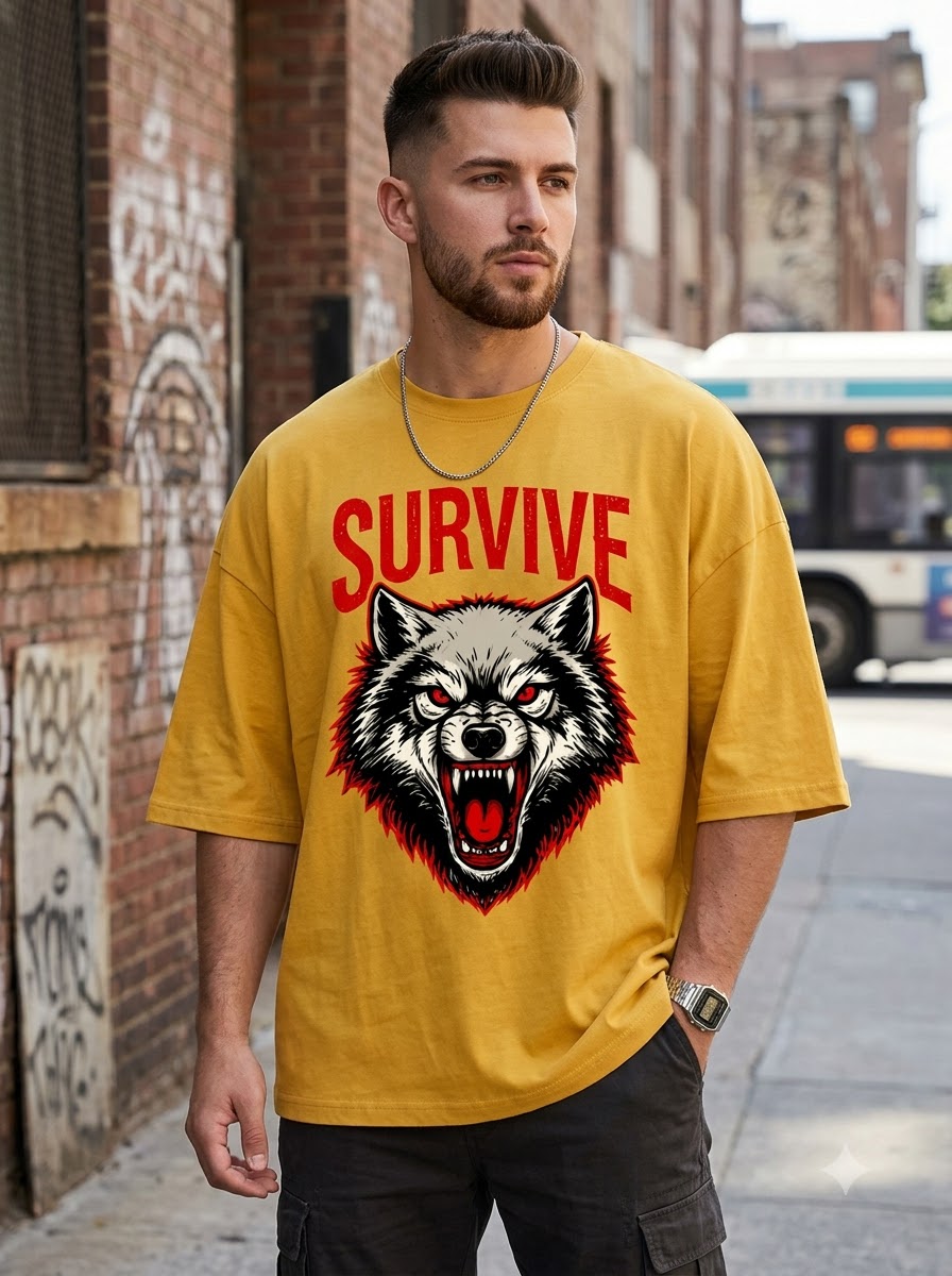 "Survive" Wolf Graphic Oversized Unisex Tee by AuraReiment