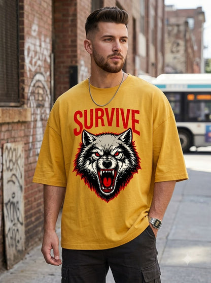 "Survive" Wolf Graphic Oversized Unisex Tee by AuraReiment