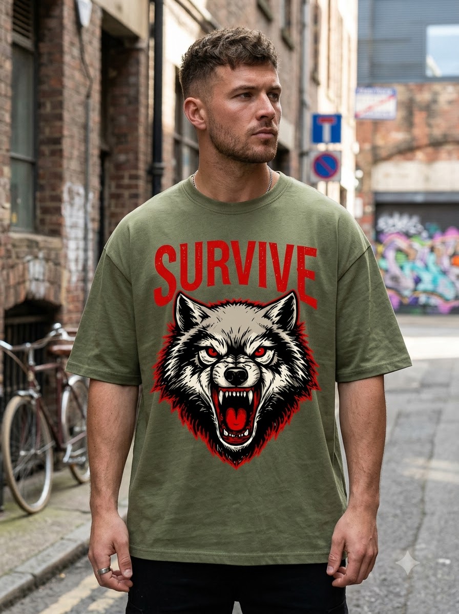 "Survive" Wolf Graphic Oversized Unisex Tee by AuraReiment