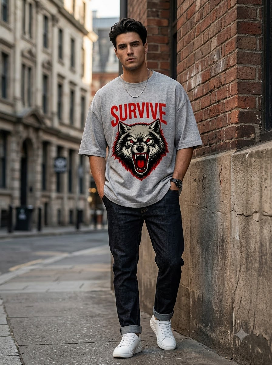 "Survive" Wolf Graphic Oversized Unisex Tee by AuraReiment