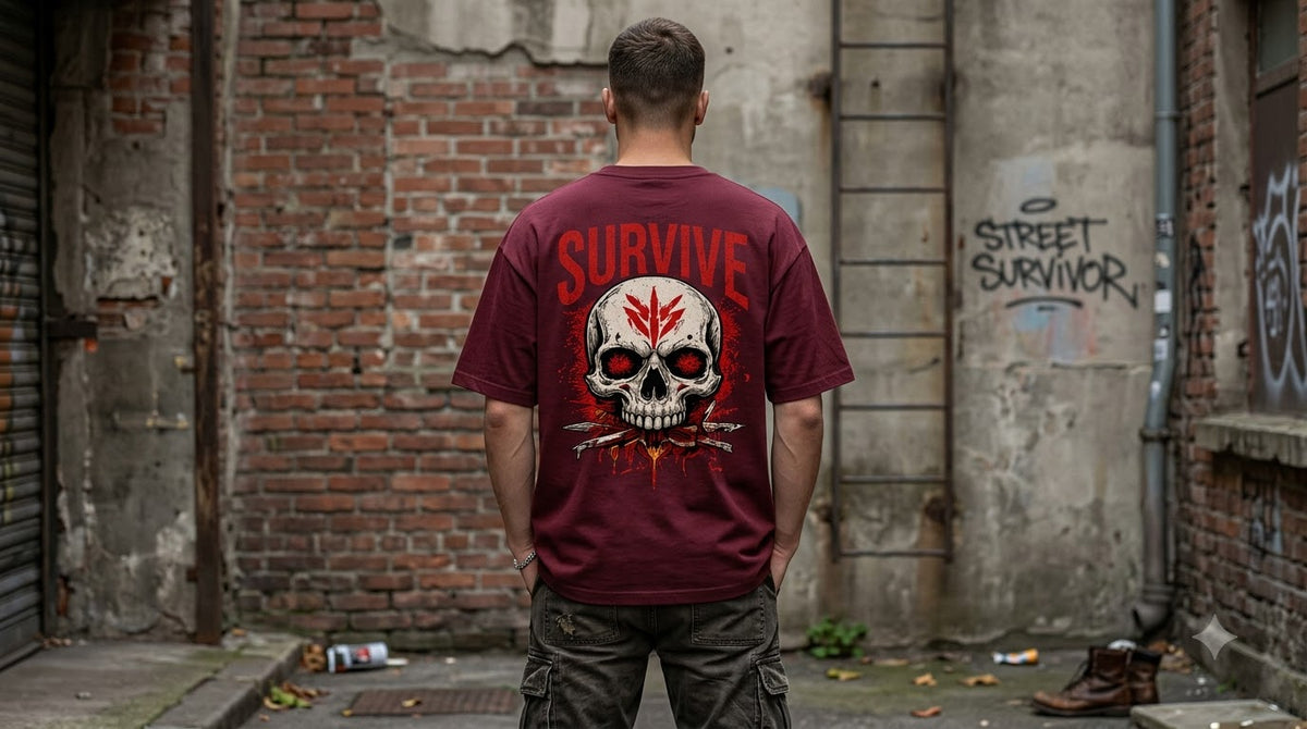 Survive Skull Print Heavyweight Unisex Oversized Tee by AuraReiment