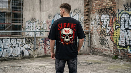 Back view of black Survive Skull Print oversized graphic tee on a model by AuraReiment