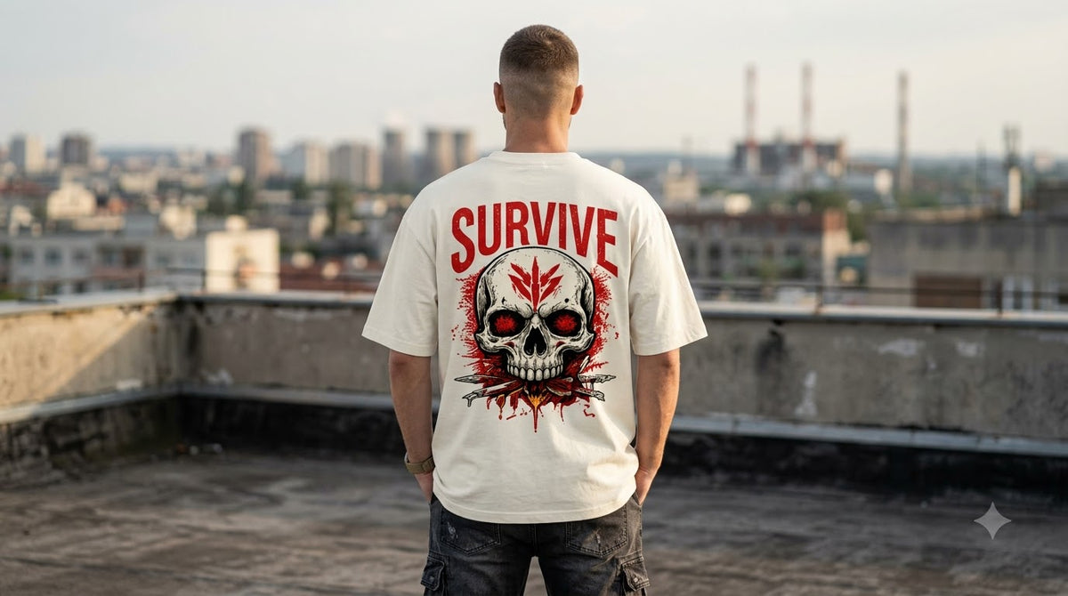 Survive Skull Print Heavyweight Unisex Oversized Tee by AuraReiment
