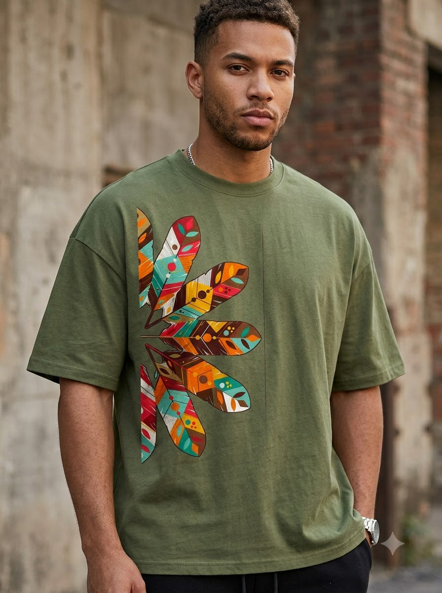 Style-Focused: Bohemian Leaf Pattern Graphic Tee by AuraReiment