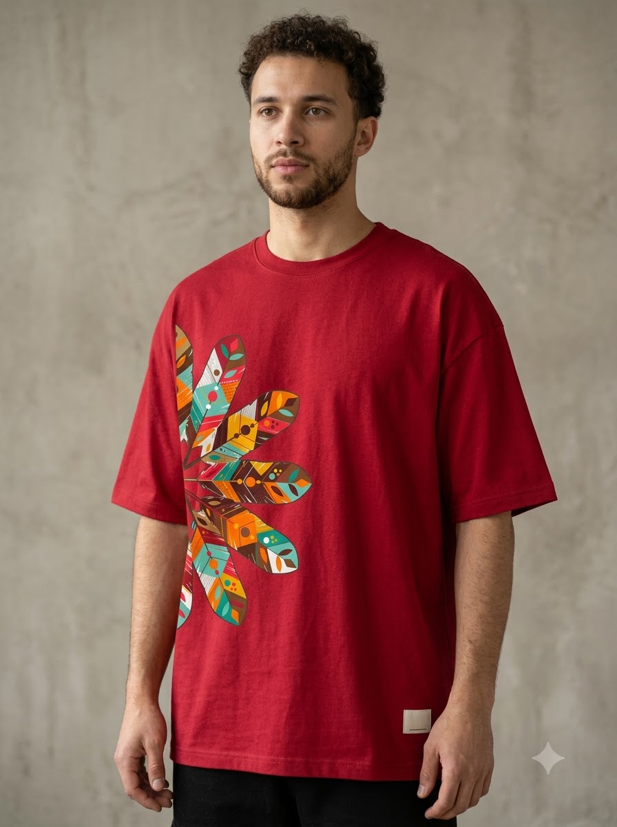 Style-Focused: Bohemian Leaf Pattern Graphic Tee by AuraReiment
