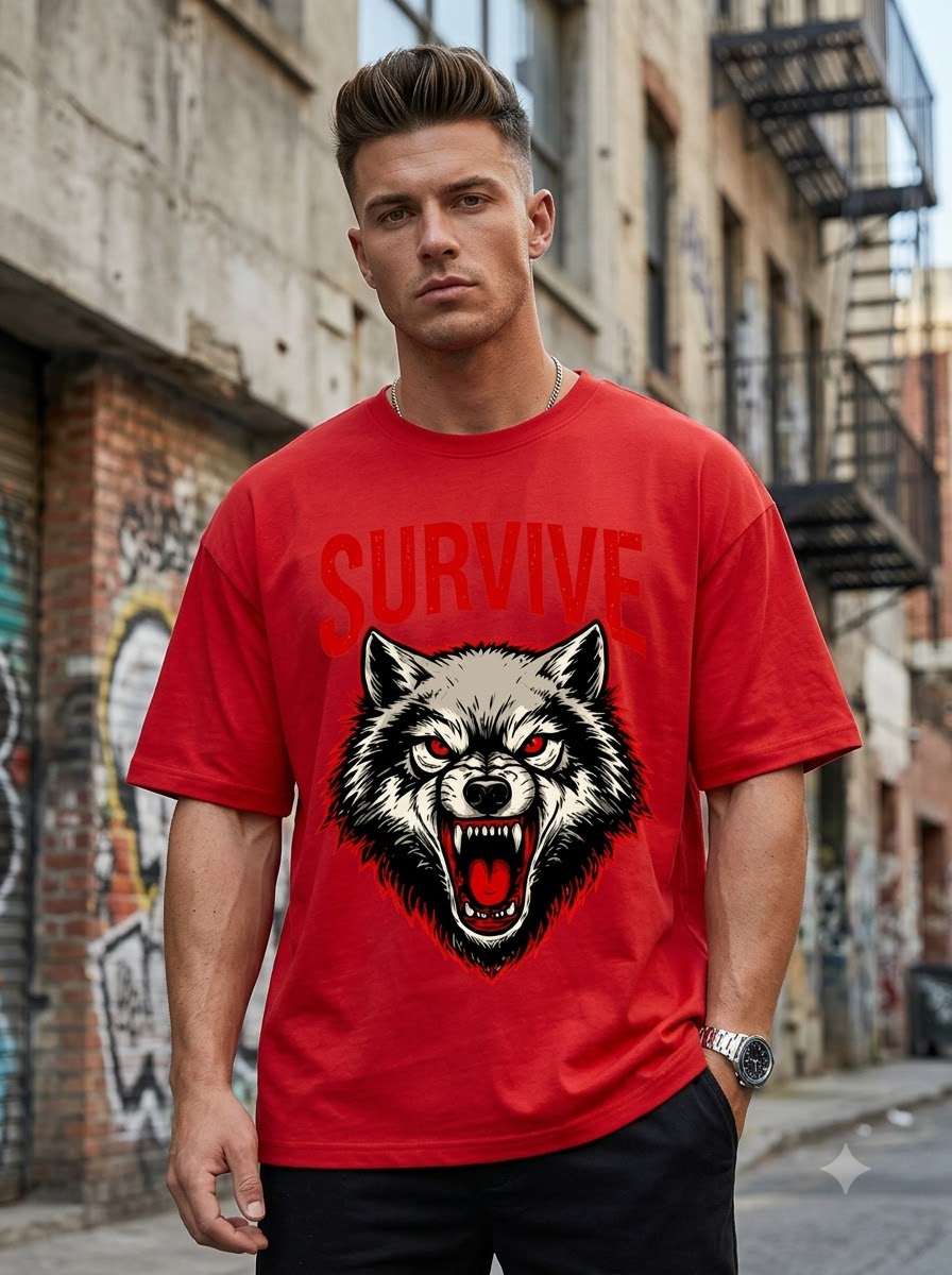 "Survive" Wolf Graphic Oversized Unisex Tee by AuraReiment