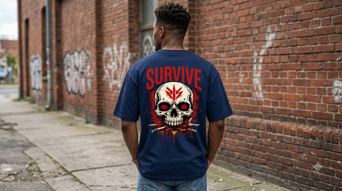 Back view of navy blue Survive Skull Print oversized graphic tee on a model by AuraReiment