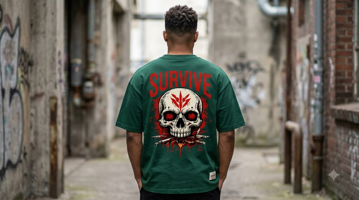 Survive Skull Print Heavyweight Unisex Oversized Tee by AuraReiment