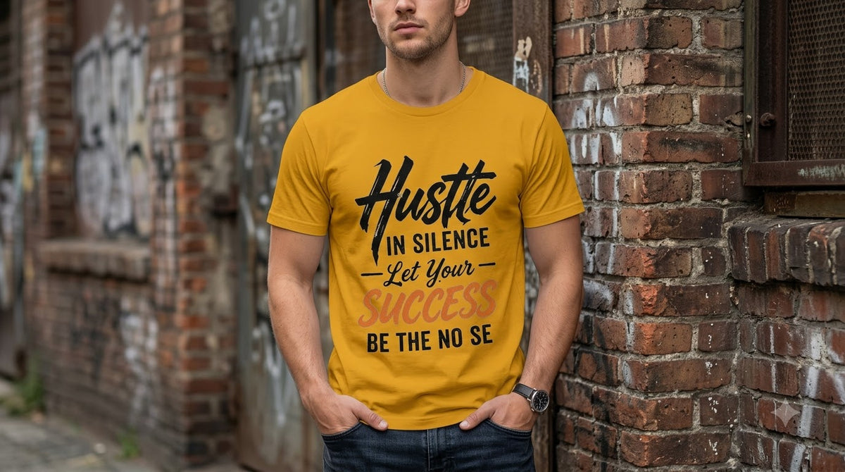 "Hustle in Silence" Motivational Graphic Crew T-Shirt by AuraReiment