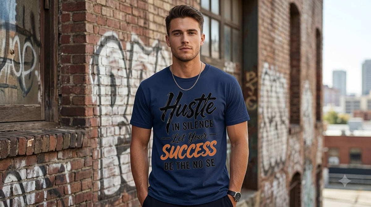 "Hustle in Silence" Motivational Graphic Crew T-Shirt by AuraReiment