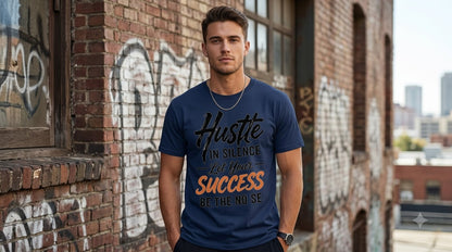 "Hustle in Silence" Motivational Graphic Crew T-Shirt by AuraReiment