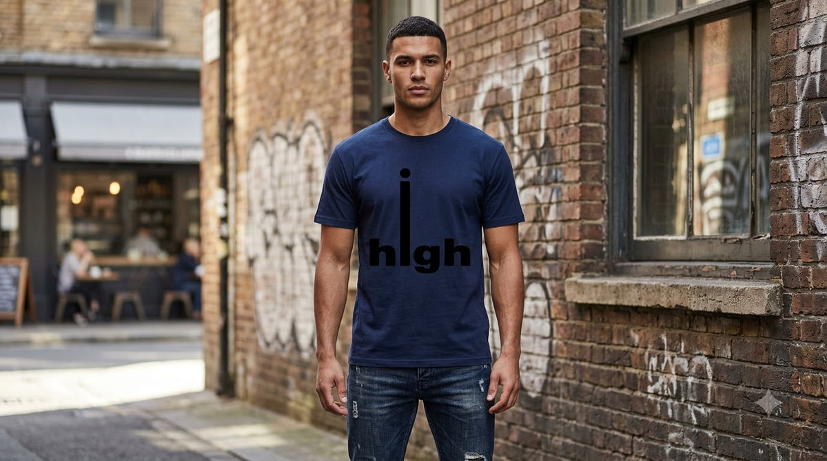 "High" Minimalist Typography Unisex Cotton Tee by AuraReiment