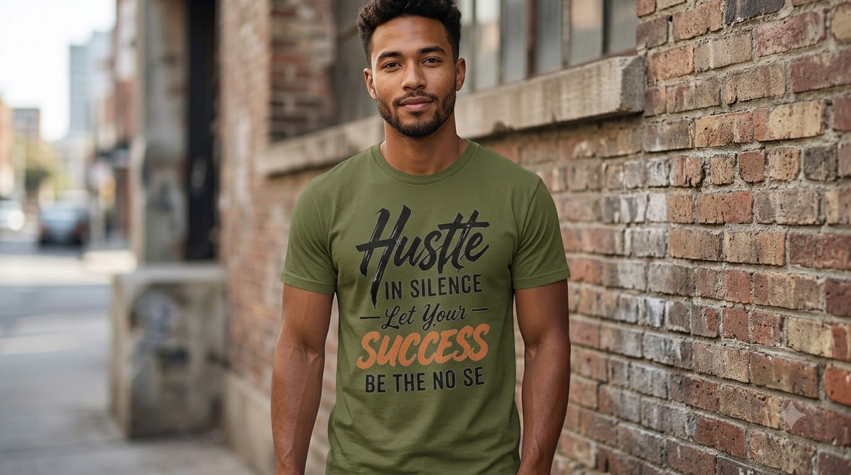 "Hustle in Silence" Motivational Graphic Crew T-Shirt by AuraReiment