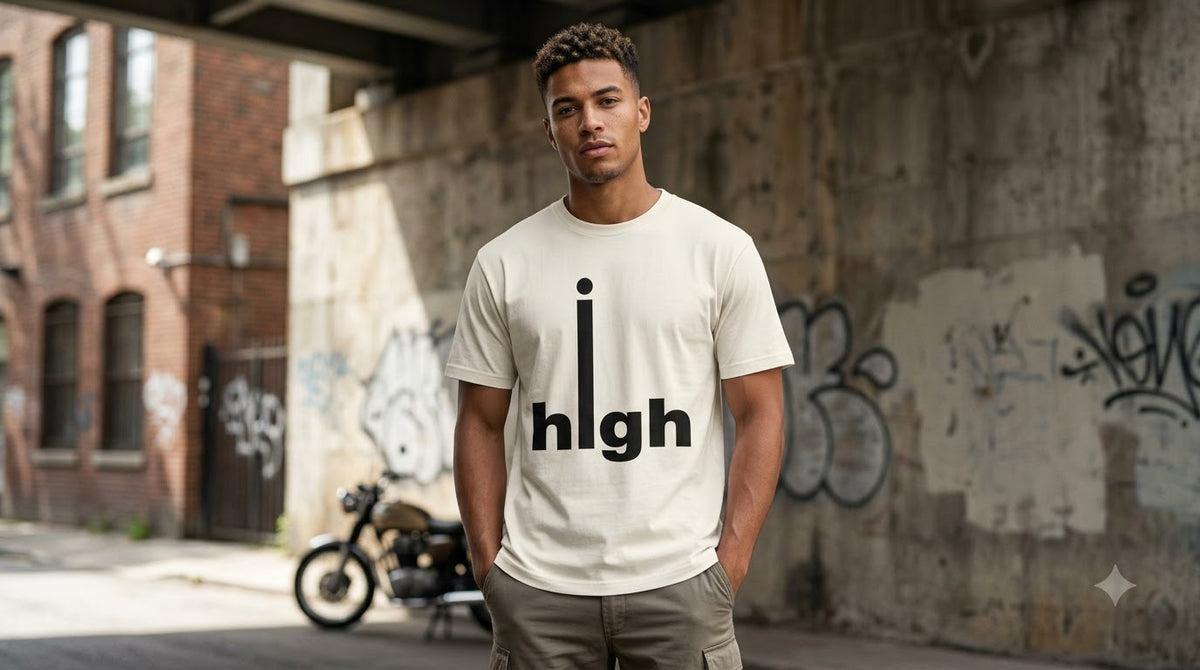 "High" Minimalist Typography Unisex Cotton Tee by AuraReiment