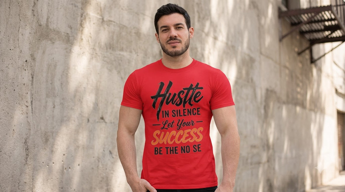 "Hustle in Silence" Motivational Graphic Crew T-Shirt by AuraReiment