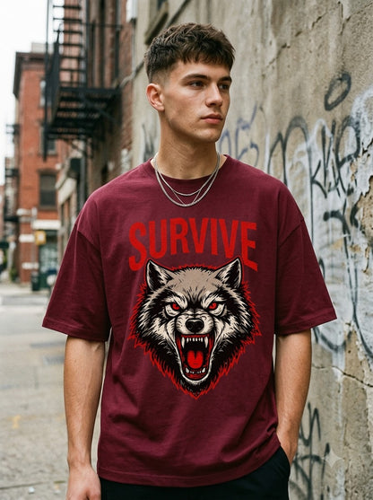 "Survive" Wolf Graphic Oversized Unisex Tee by AuraReiment