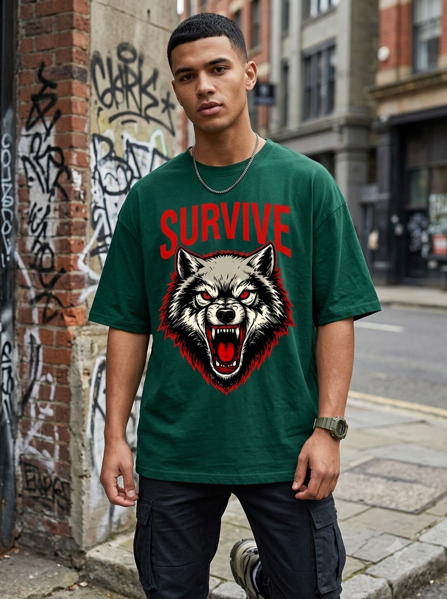 "Survive" Wolf Graphic Oversized Unisex Tee by AuraReiment