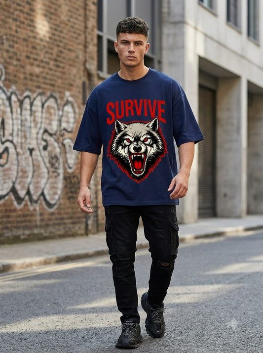"Survive" Wolf Graphic Oversized Unisex Tee by AuraReiment