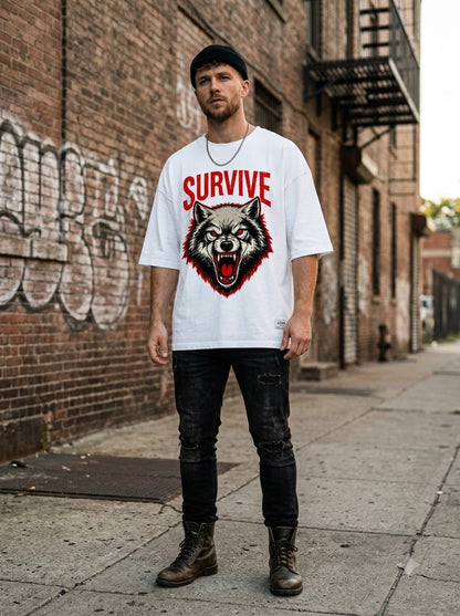 "Survive" Wolf Graphic Oversized Unisex Tee by AuraReiment