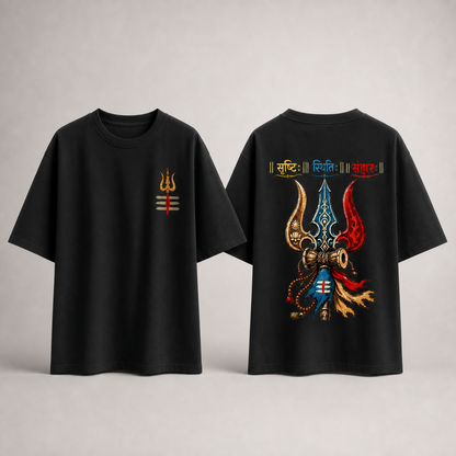 "Srishti Sthiti Samhara" Trishul Graphic Oversized Tee by AuraReiment