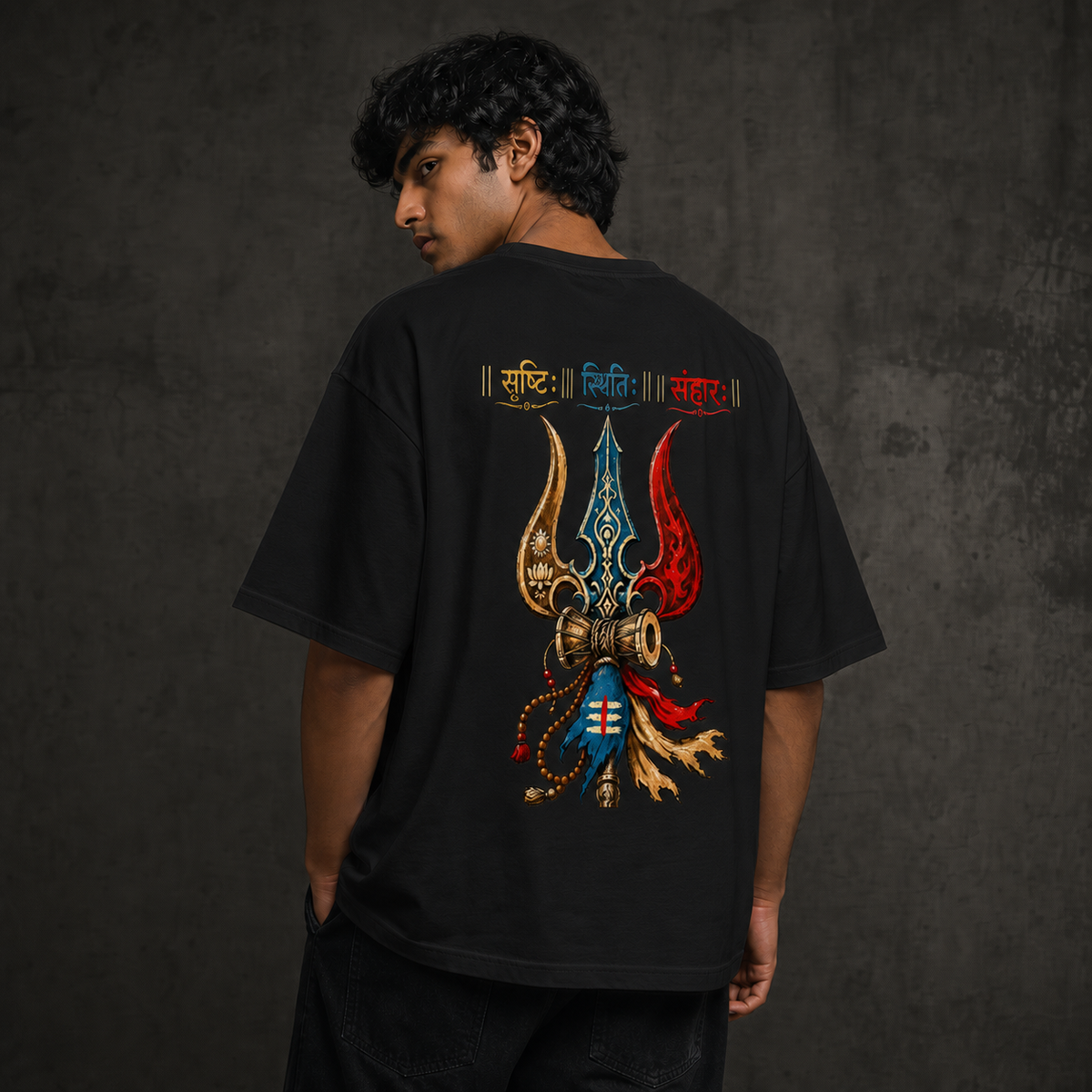 "Srishti Sthiti Samhara" Trishul Graphic Oversized Tee by AuraReiment