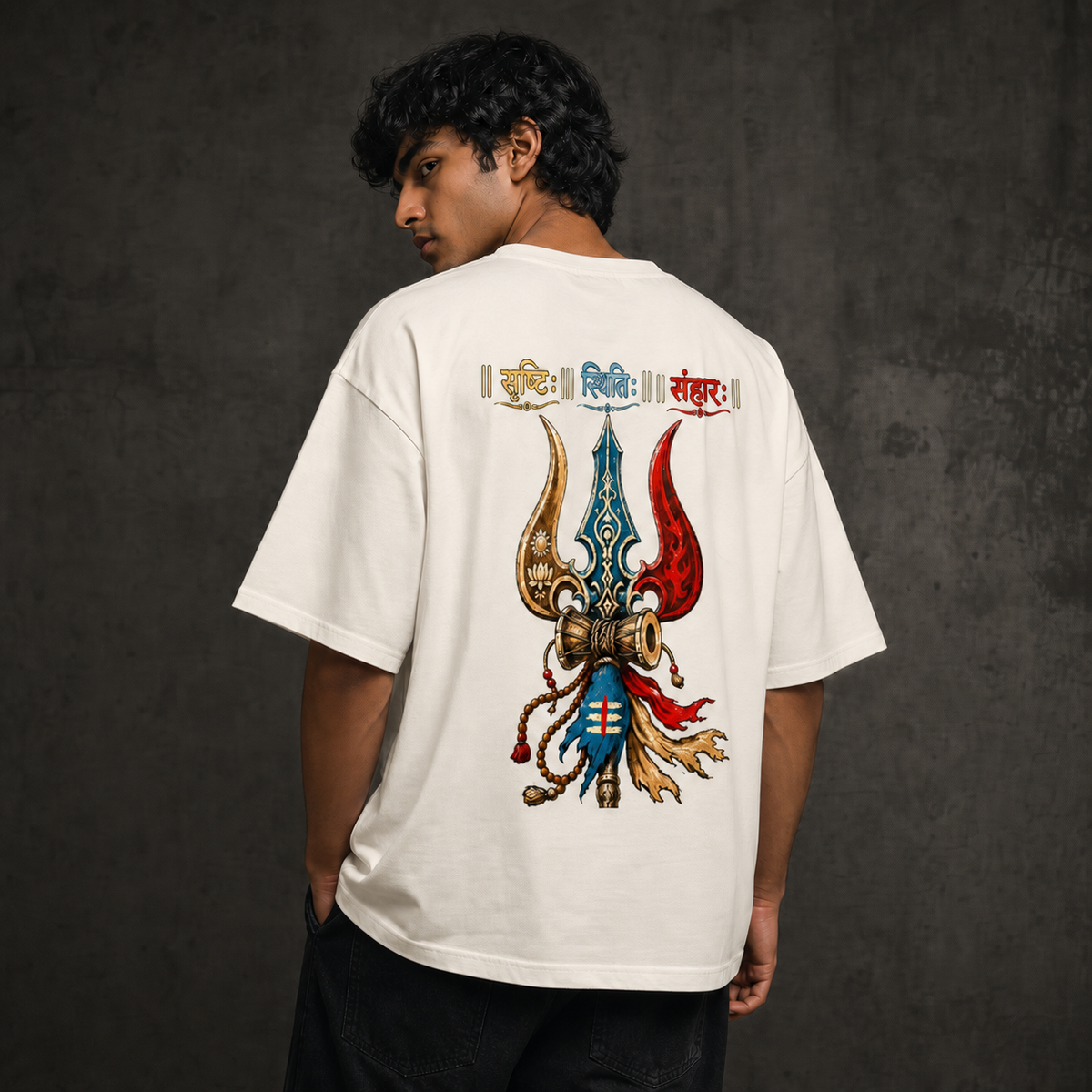 "Srishti Sthiti Samhara" Trishul Graphic Oversized Tee by AuraReiment