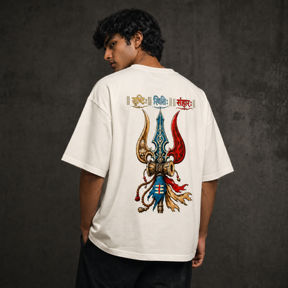 "Srishti Sthiti Samhara" Trishul Graphic Oversized Tee by AuraReiment