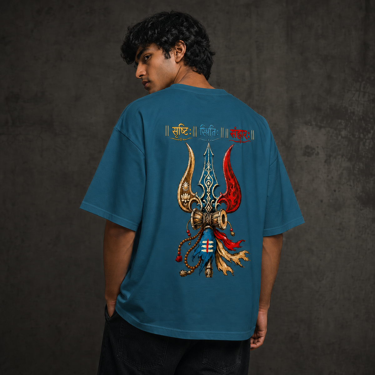 "Srishti Sthiti Samhara" Trishul Graphic Oversized Tee by AuraReiment