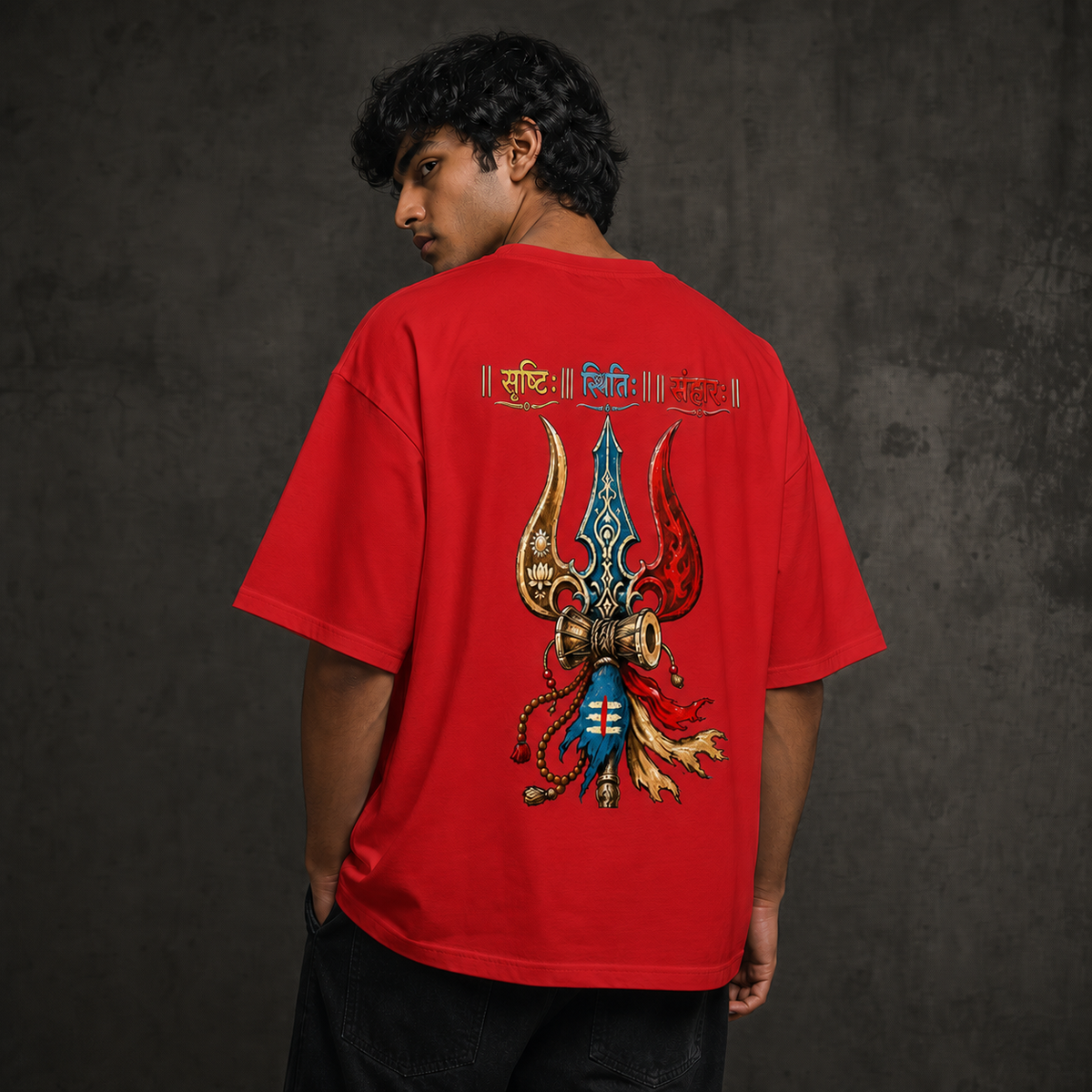 "Srishti Sthiti Samhara" Trishul Graphic Oversized Tee by AuraReiment